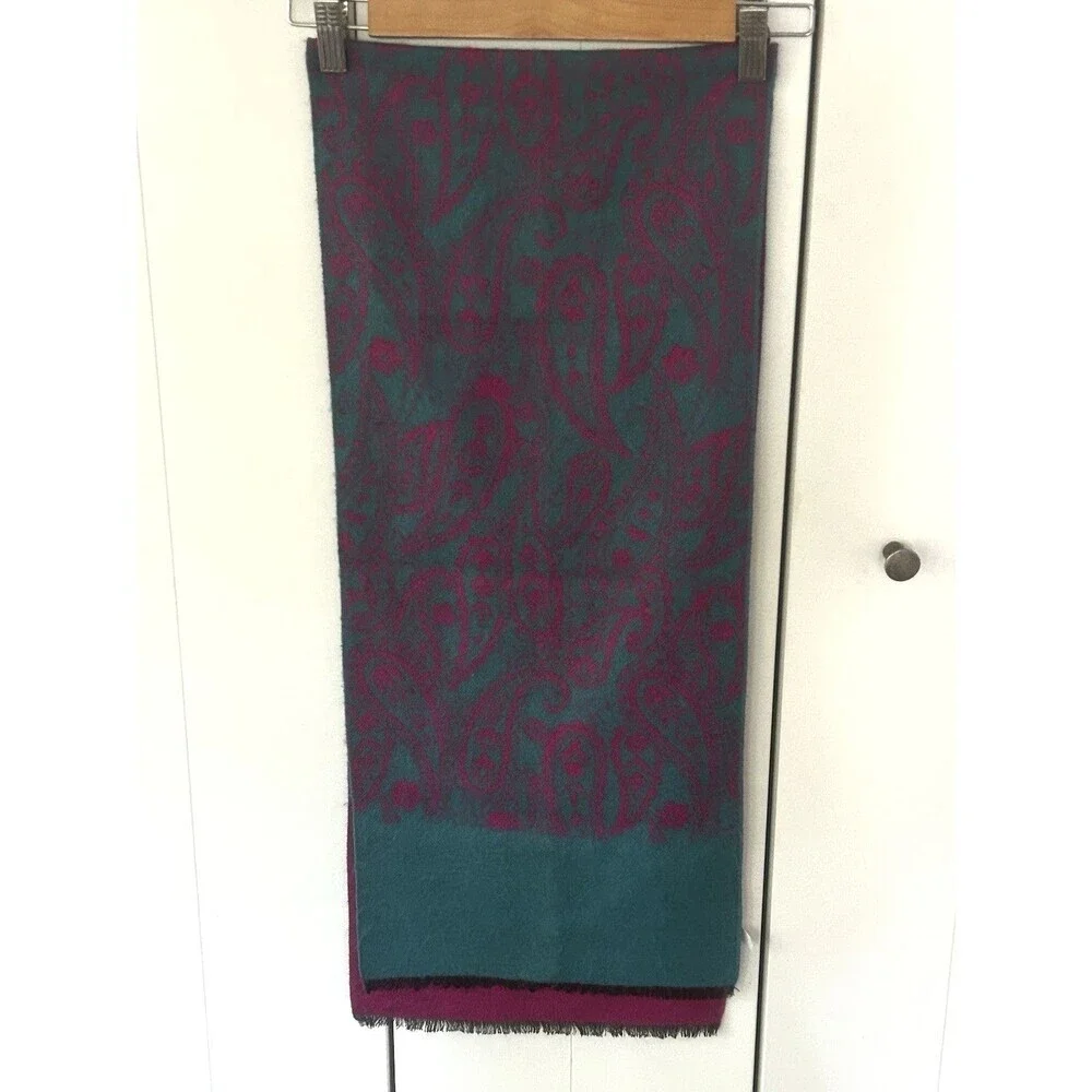 Jacobson's Scarf Made in France Paisley Print Magenta Teal Eyelash Trim